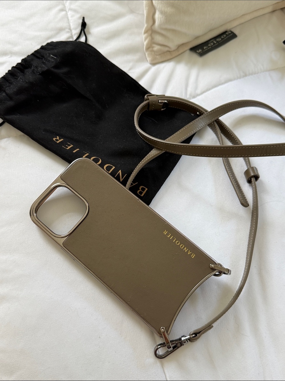 Good condition Bandolier Taupe Leather Crossbody Phone Case iPhone 16 pro max